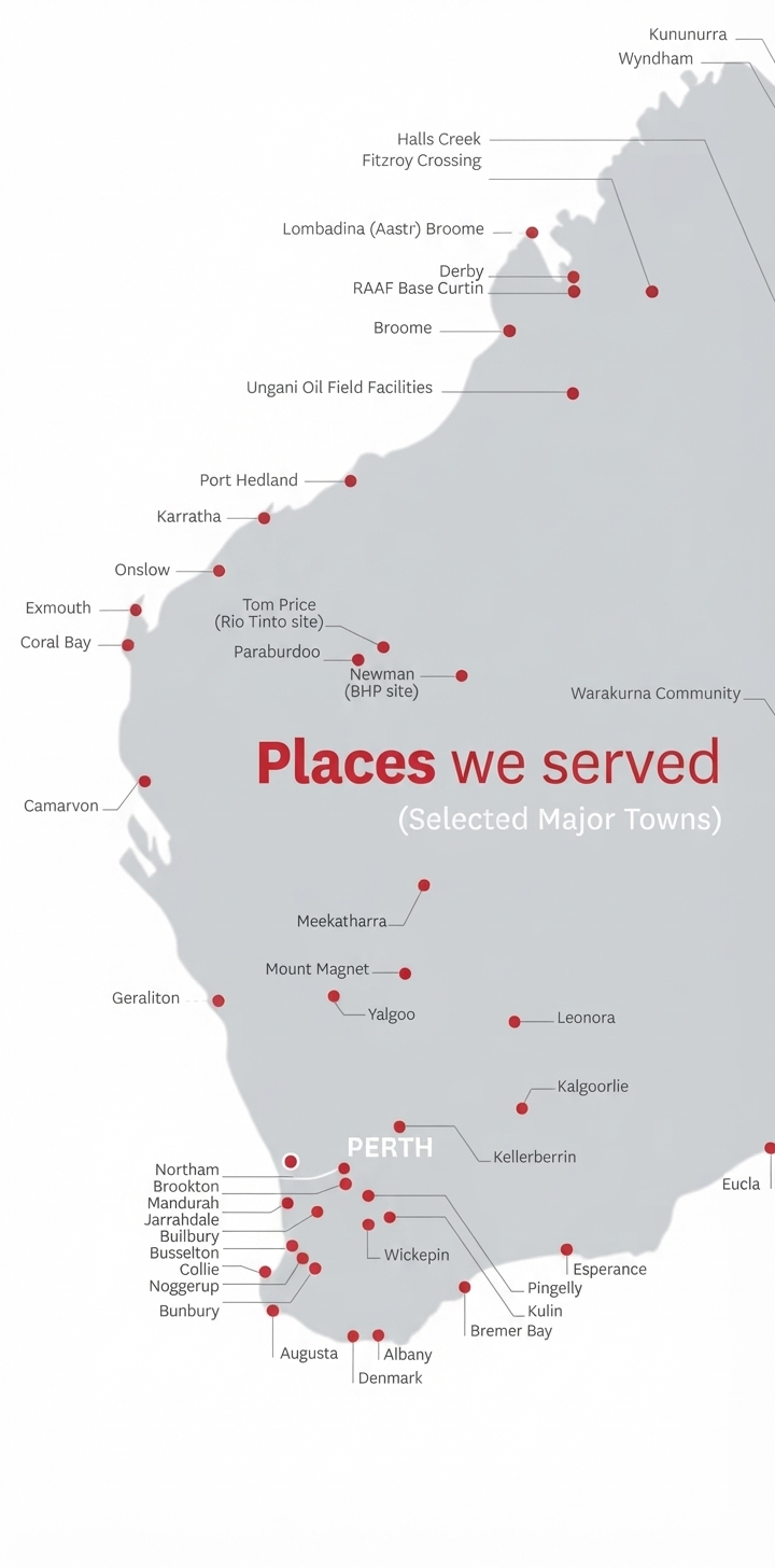 Map showing Local Geotechnics project coverage across Western Australia, with labelled towns and project locations