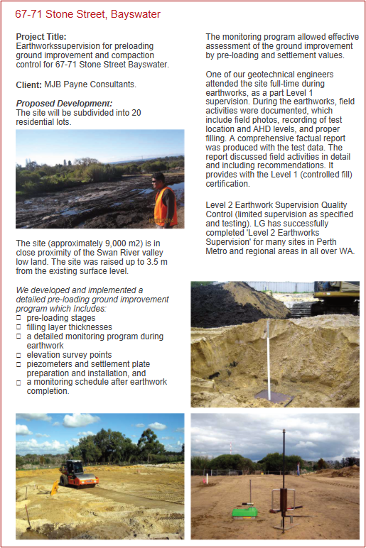 Project sheet for Earthworkssupervision for preloading ground improvement and compaction control for 67-71 Stone Street Bayswater.